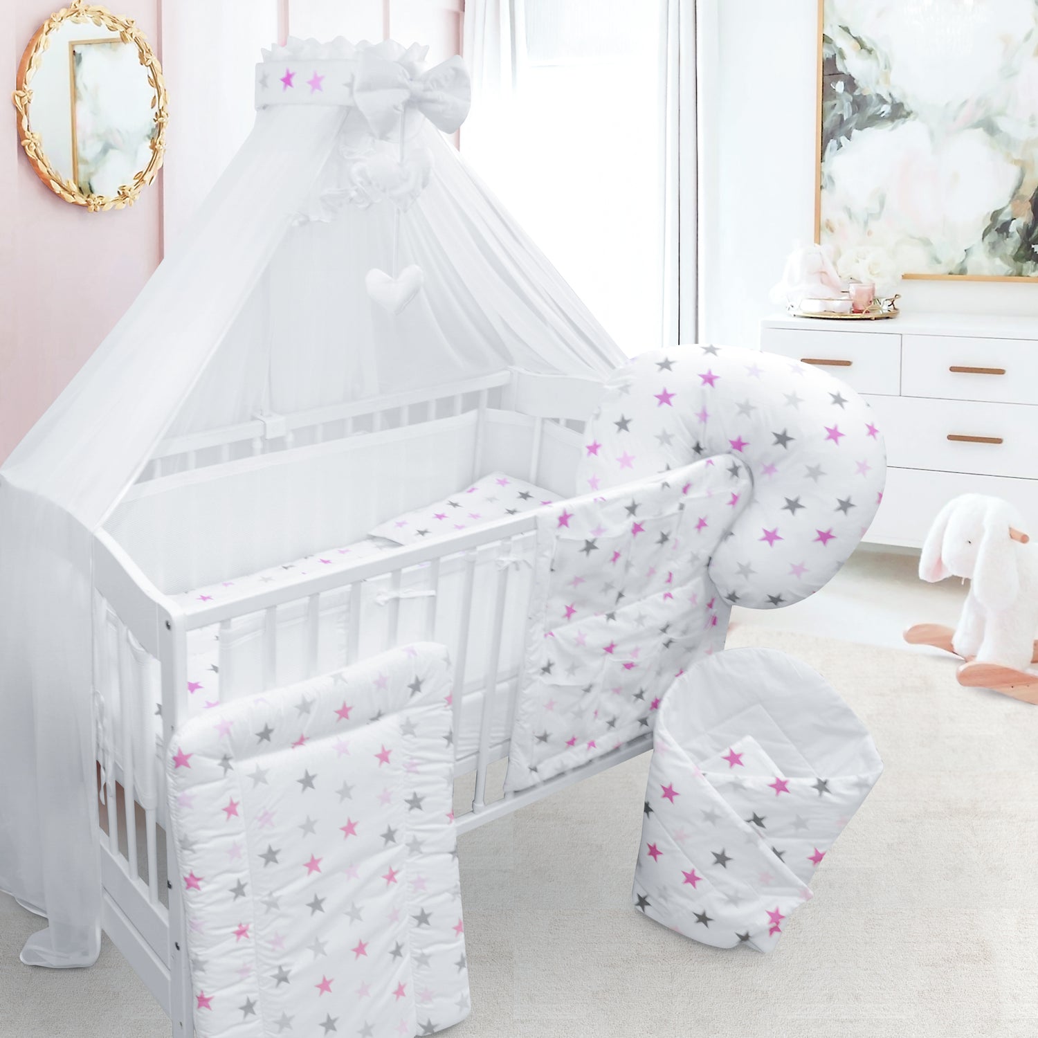 Baby Cot Bedding Set 14Pc Fit Cot 120x60cm Grey Pink Stars