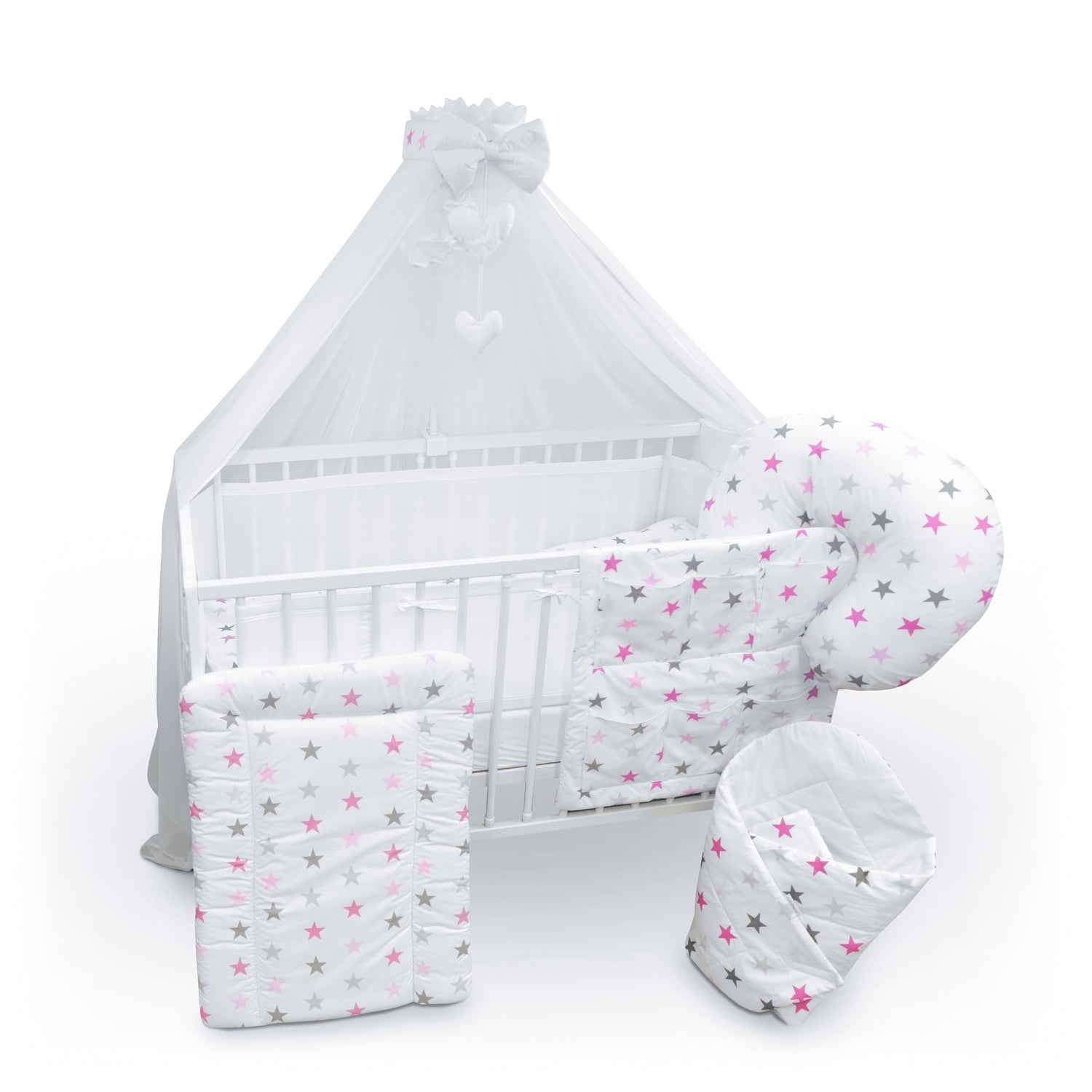 Baby Cotbed Bedding Set 14Pc Fit Cot 140x70 Grey Pink Stars