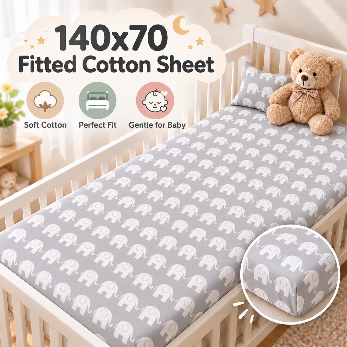 Elephants Grey Baby Sheet 140x70 Cotton Comfort