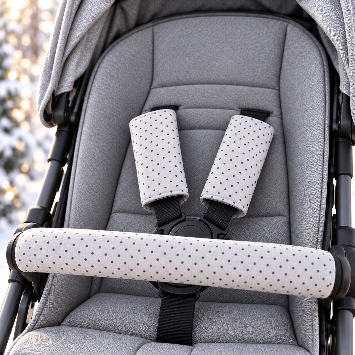 3 Piece Soft Padded Reversible Pushchair Stroller Strap Pads & Bumper Bar Cover Set – Graphite/Dots