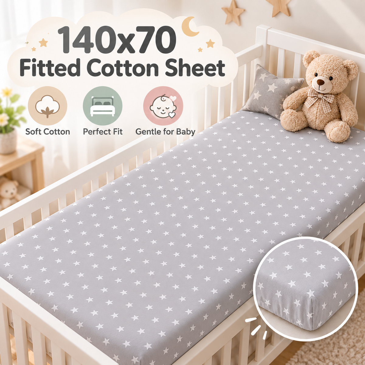 Baby Fitted Cot Bed Sheet Printed 100% Cotton Mattress 140X70cm Small White Stars On Grey - MyHappy Baby