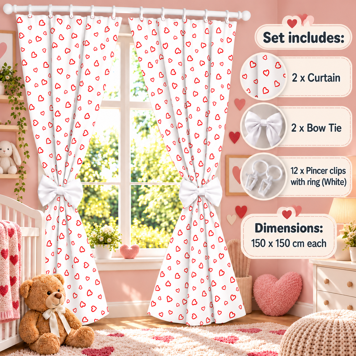 Nursery Curtains for Babies & Toddler's Bedroom Red hearts on white