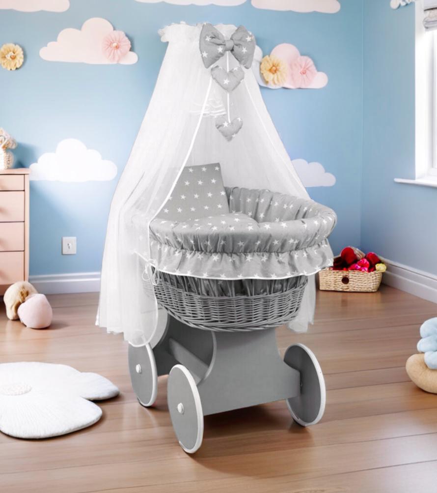 Grey Wicker Wheels Moses Basket Baby+Full Bedding Set Small White Stars On Grey - MyHappy Baby