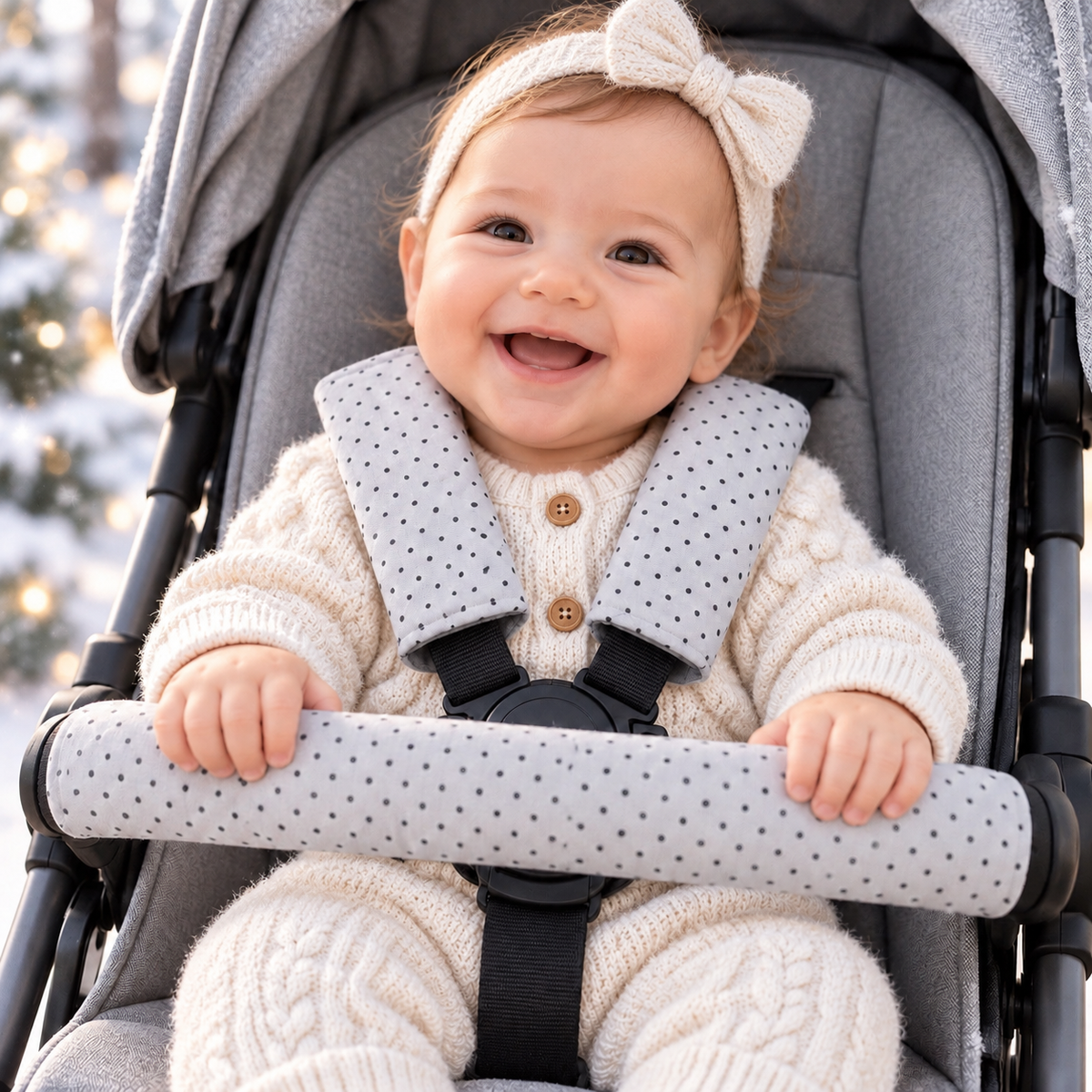 3 Piece Soft Padded Reversible Pushchair Stroller Strap Pads & Bumper Bar Cover Set – Graphite/Dots