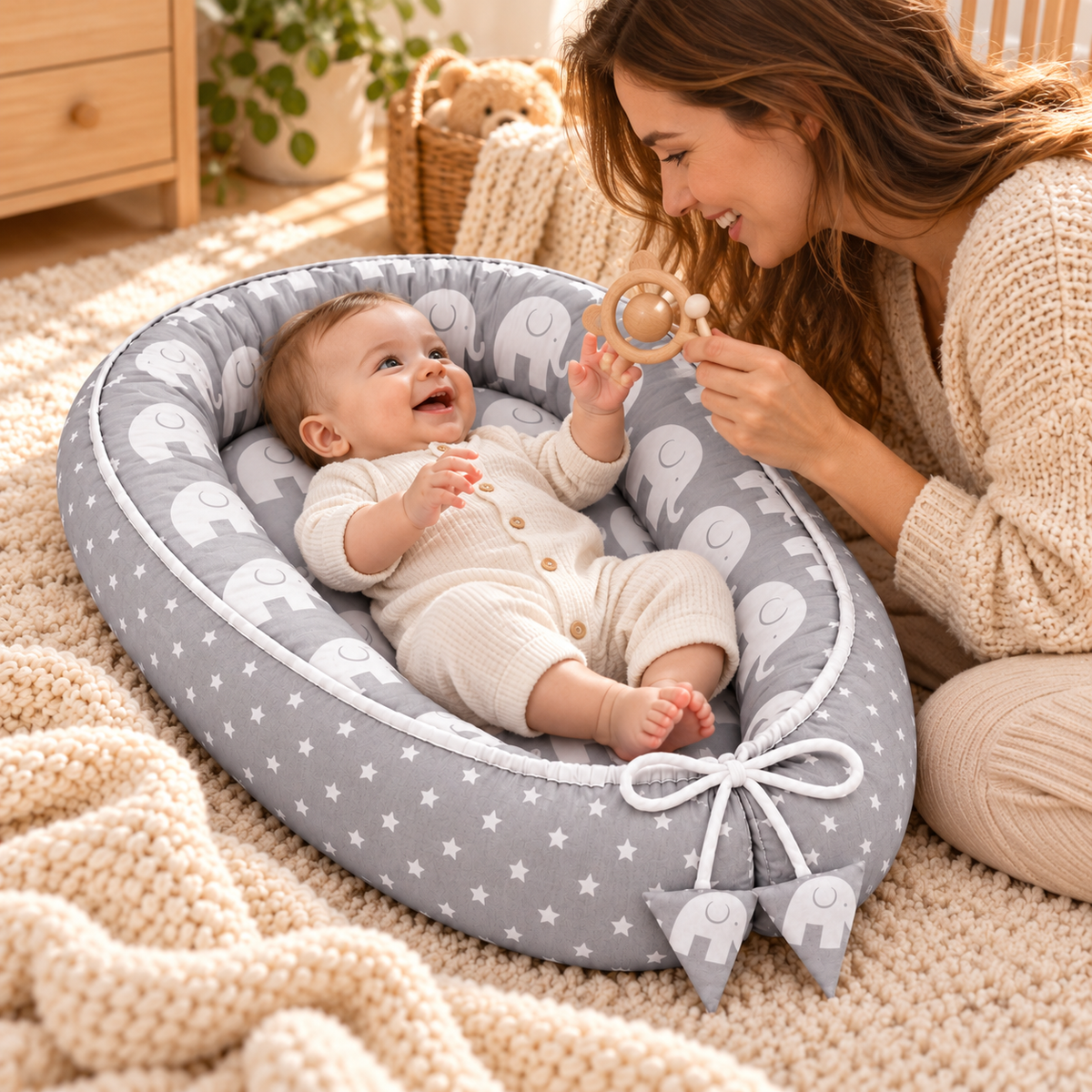 Baby Cocoon Nest Double-Sided Reversible Baby Lounger with Removable Insert Elephants grey/Small stars