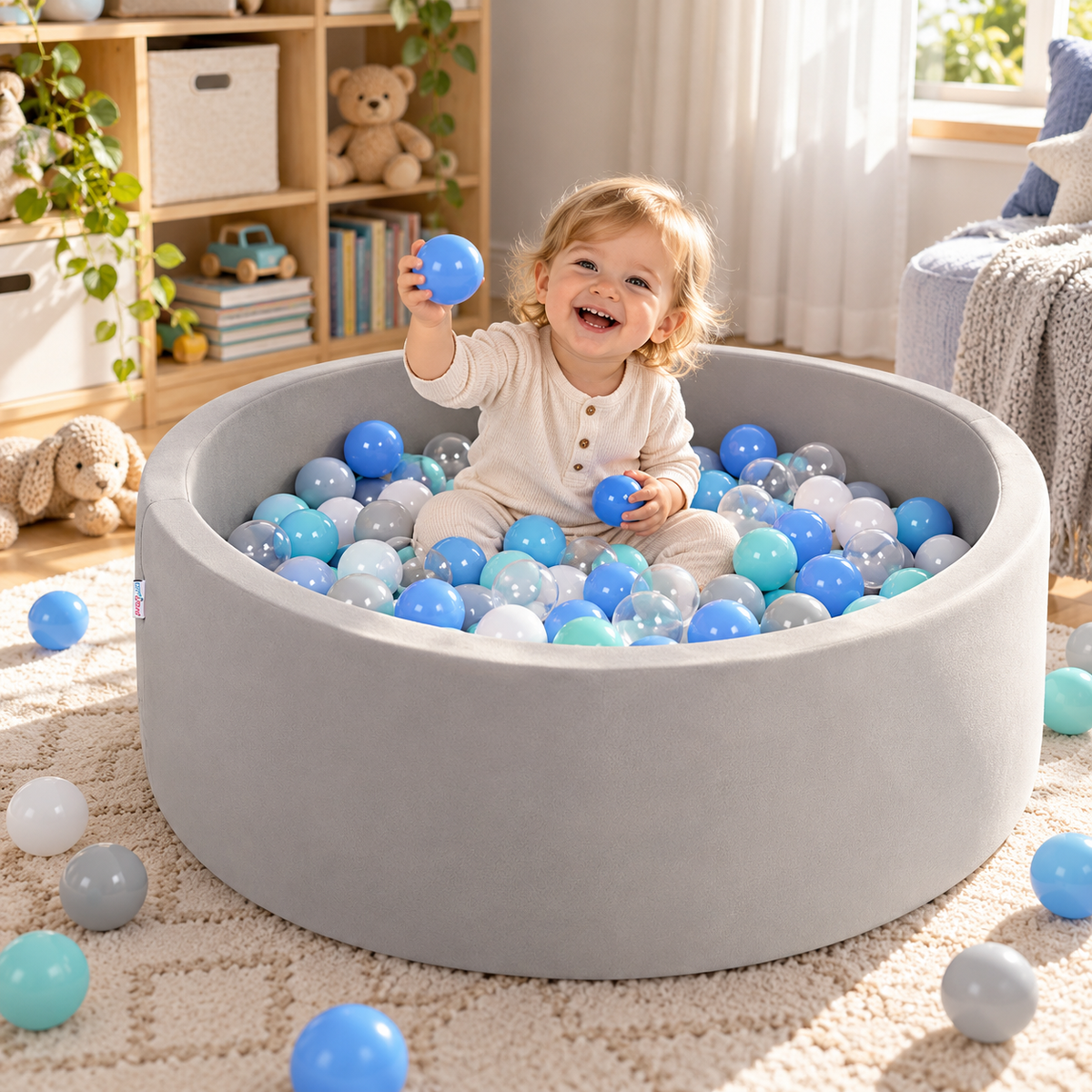 Pool Ball Pit with 200 Balls Soft Foam Toddler Baby Kids Girls Boys Play Round Pool Playpen Removable Cover- Grey