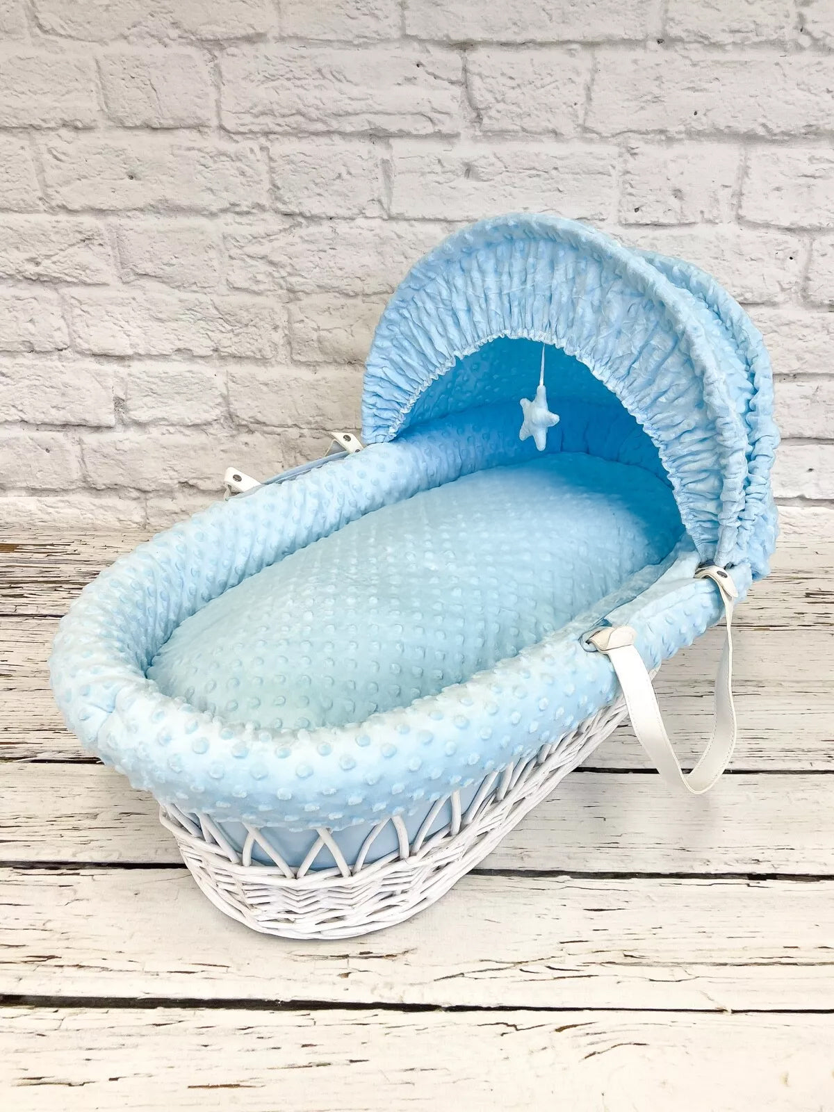 Luxury Moses Basket Padded White Wicker Baby Full Set - Blue