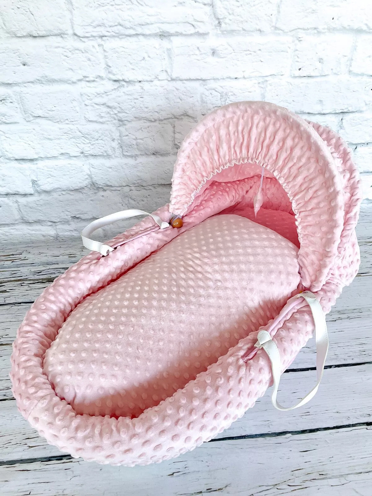 Luxury Moses Basket Padded White Wicker Baby Full Set -Pink