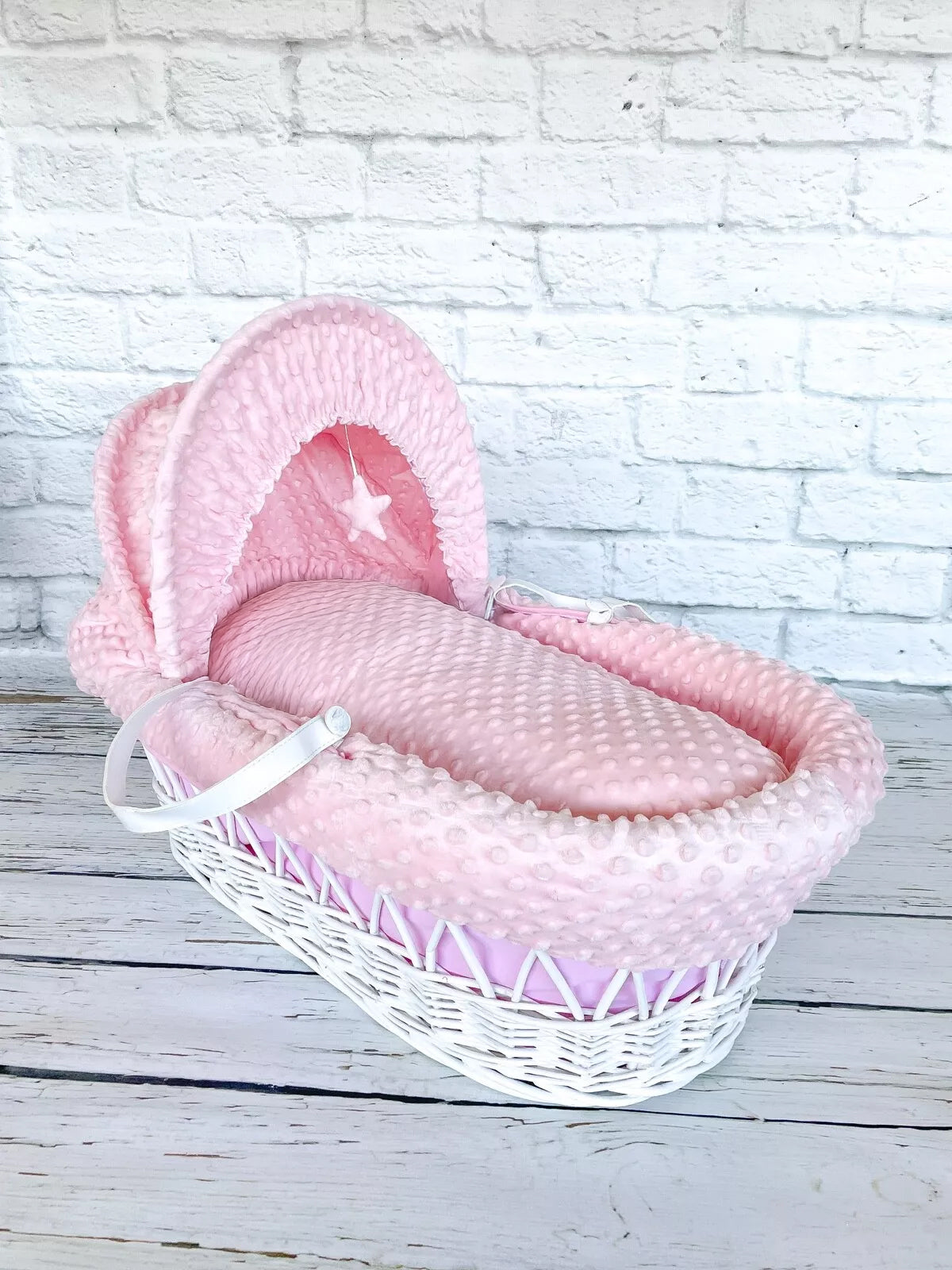Luxury Moses Basket Padded White Wicker Baby Full Set -Pink
