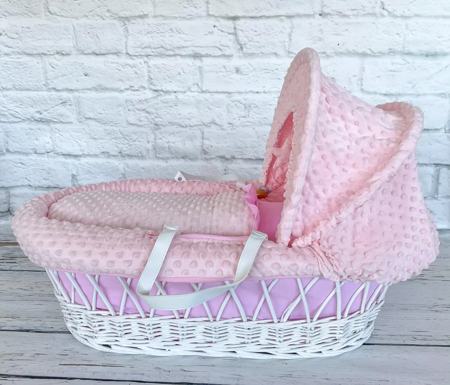 Luxury Moses Basket Padded White Wicker Baby Full Set -Pink