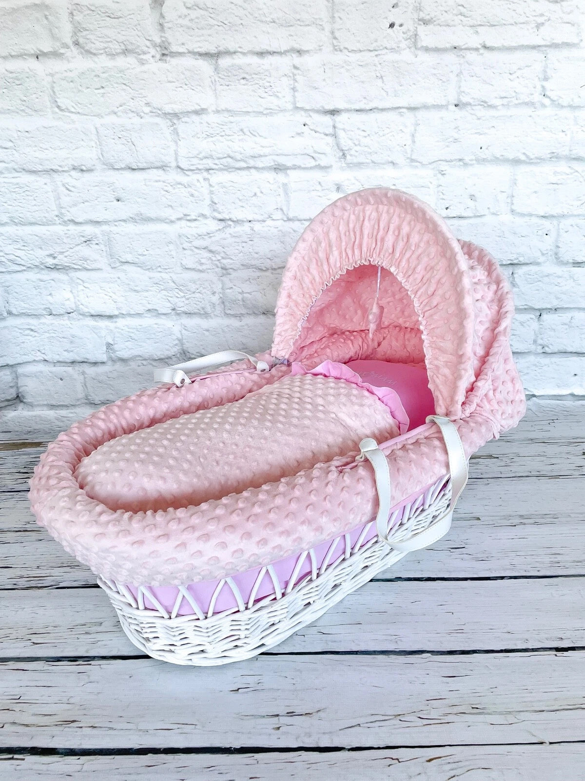 Luxury Moses Basket Padded White Wicker Baby Full Set -Pink