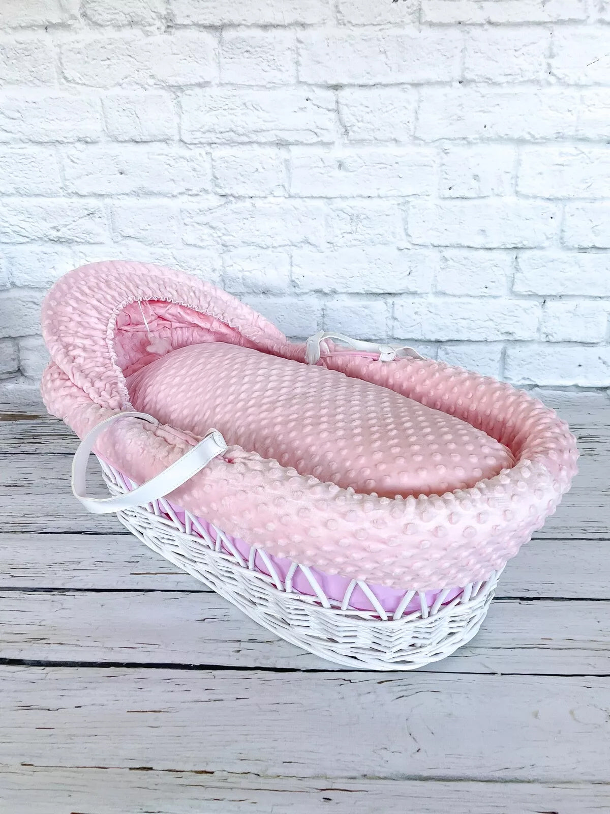 Luxury Moses Basket Padded White Wicker Baby Full Set -Pink