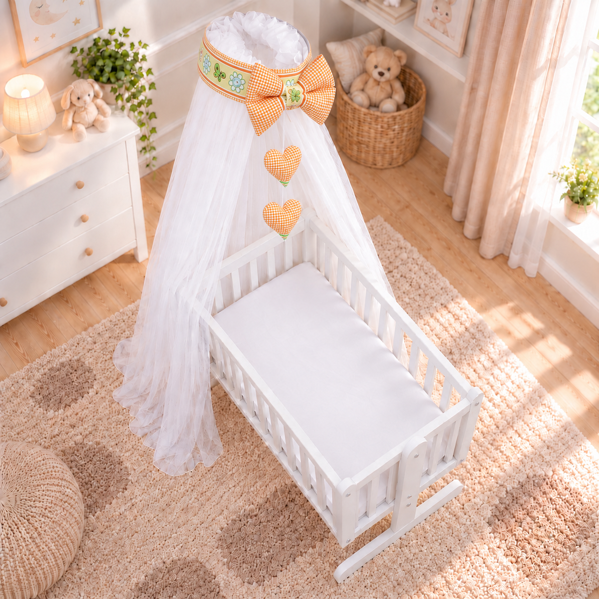 Baby Crib Canopy Mosquito Net with Holder, Decorative Bow & Hanging Hearts – Dino Orange