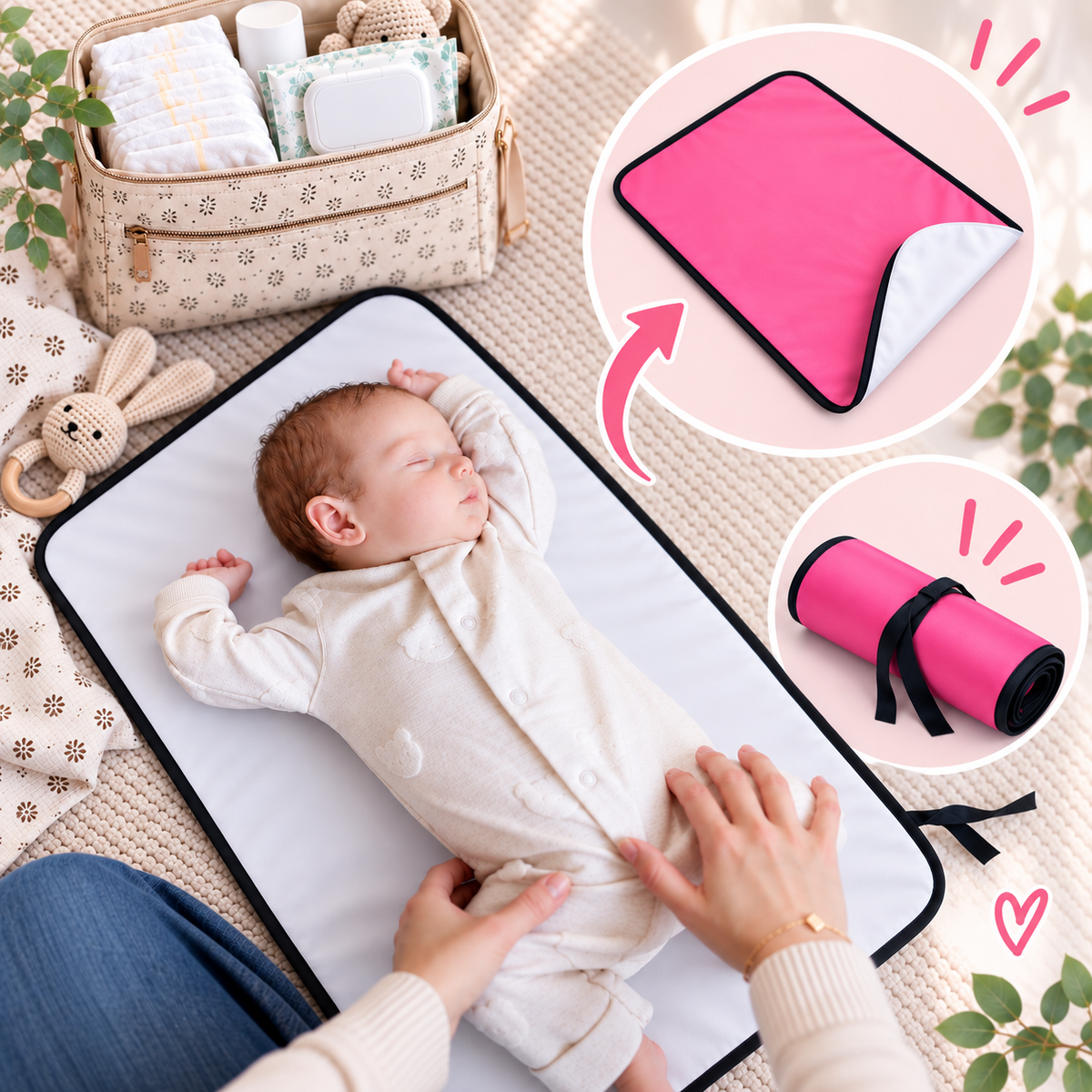 Portable Baby Changing Mat Waterproof, Reversible & Foldable Travel Nappy Changing Pad (Pink)
