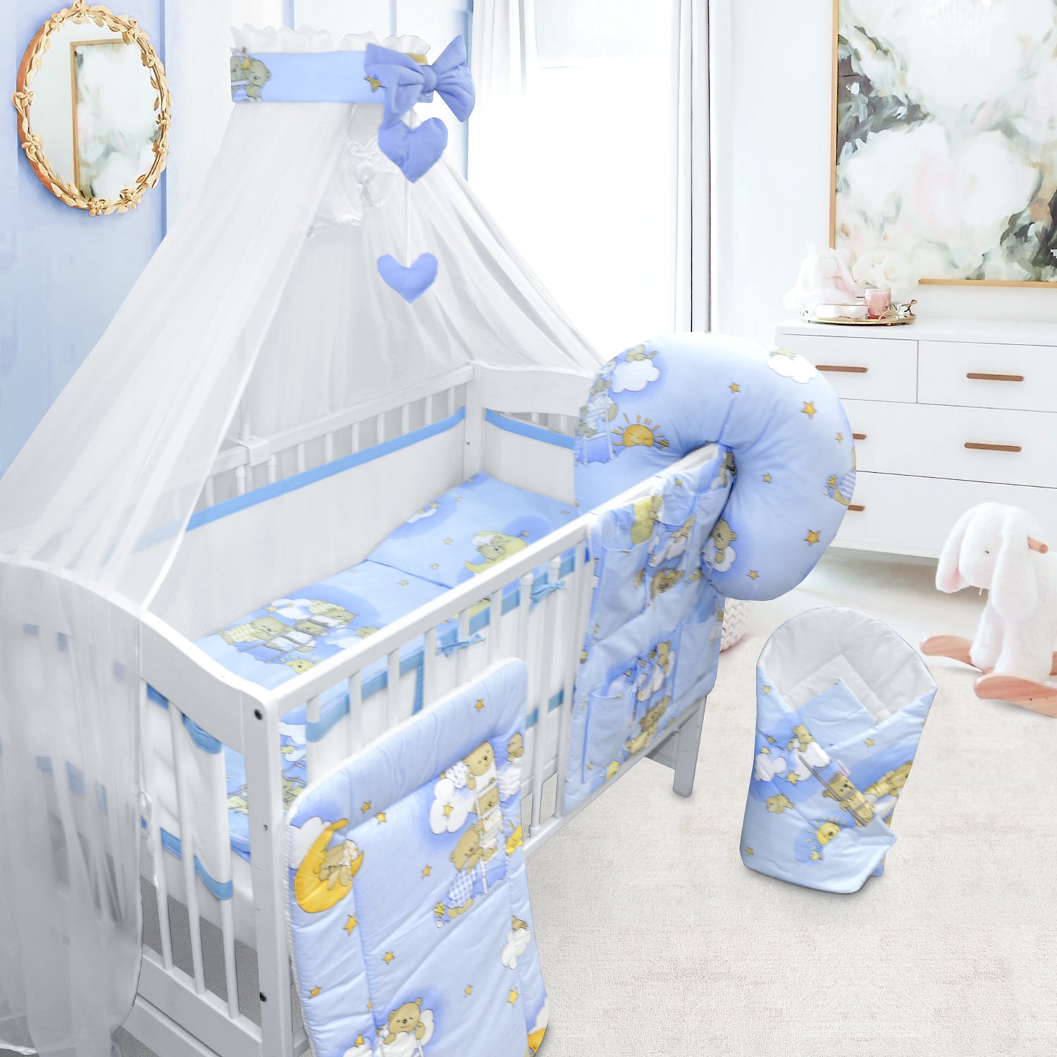 Baby Cot Bedding Set 14Pc Fit Cot 120x60cm Ladder Blue