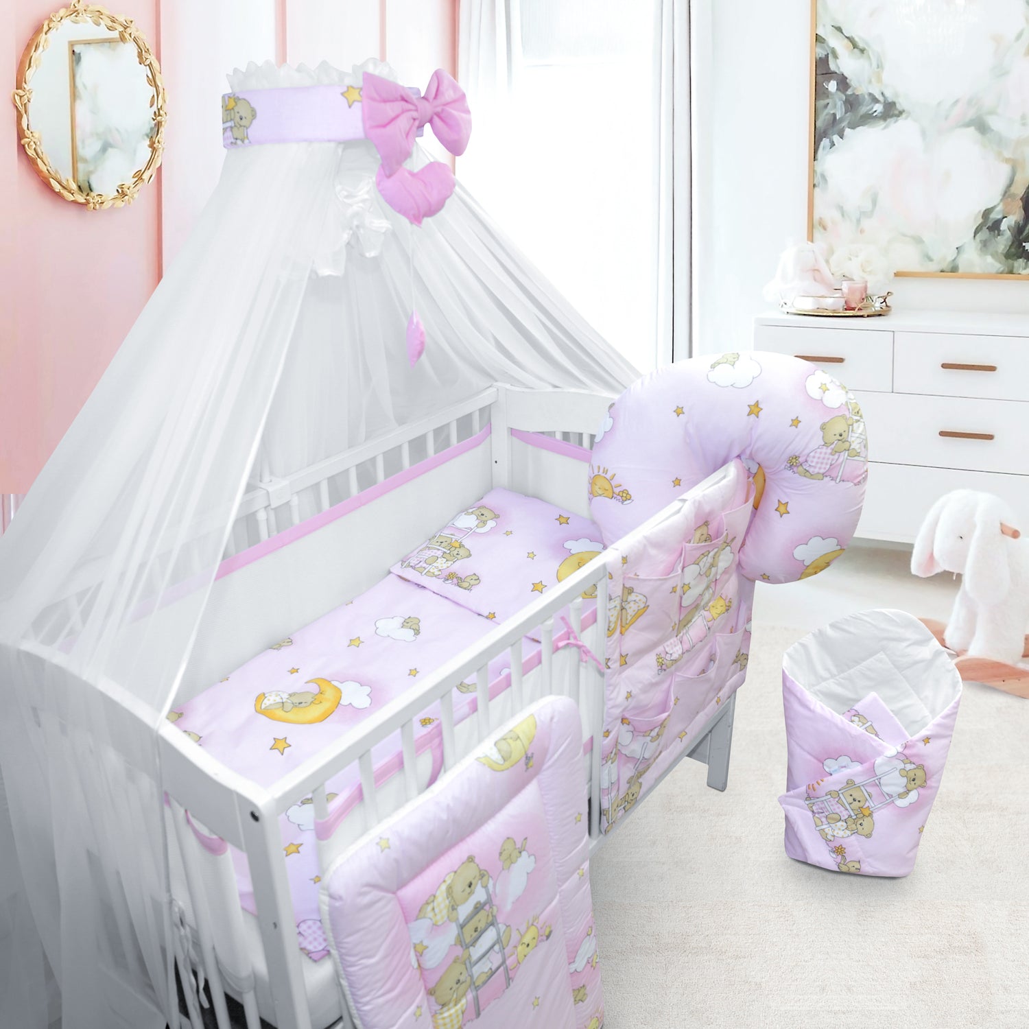 Baby Cotbed Bedding Set 14Pc Fit Cot 140x70 Ladder Pink