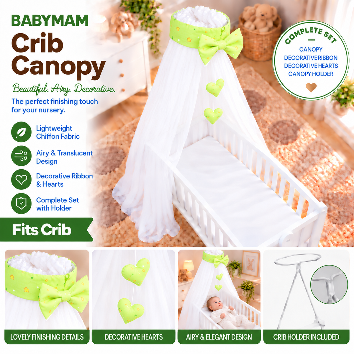 Baby Crib Canopy Mosquito Net with Holder, Decorative Bow & Hanging Hearts – Window green