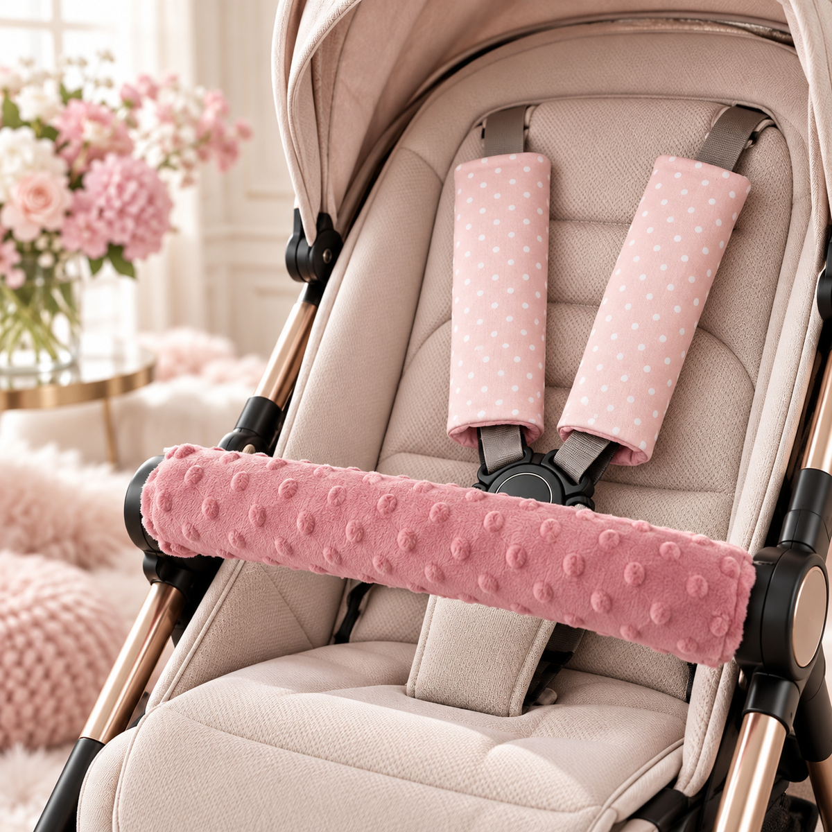 3 Piece Soft Padded Reversible Pushchair Stroller Strap Pads & Bumper Bar Cover Set – Pink/Dots