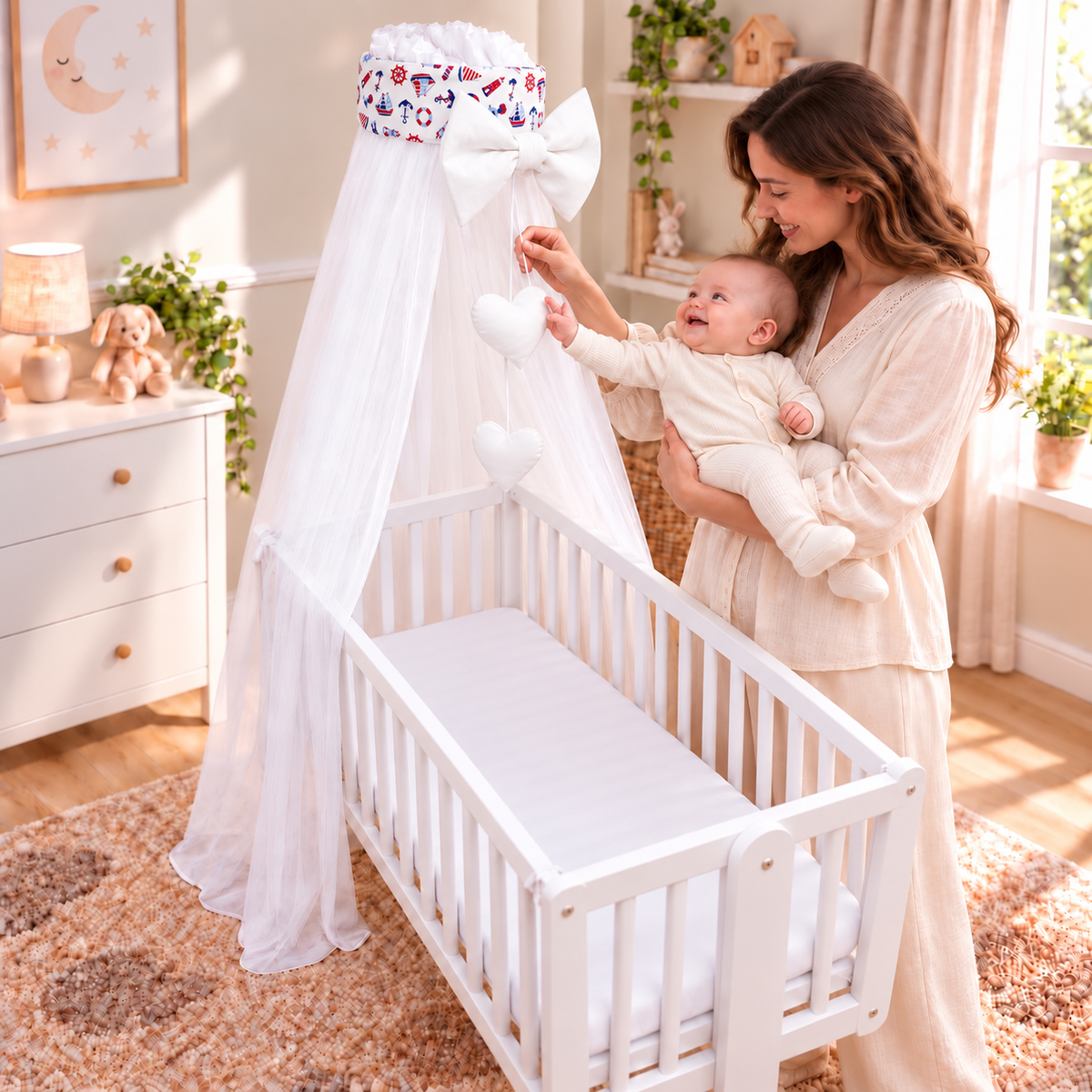 Baby Crib Canopy Mosquito Net with Holder, Decorative Bow & Hanging Hearts – Marine