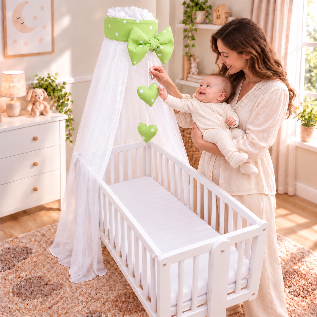 Baby Crib Canopy Mosquito Net with Holder, Decorative Bow & Hanging Hearts – Safari green