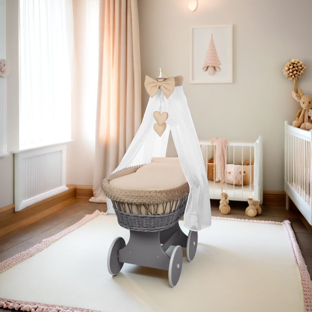 Luxury Moses Basket Grey Wheels Stand Beige