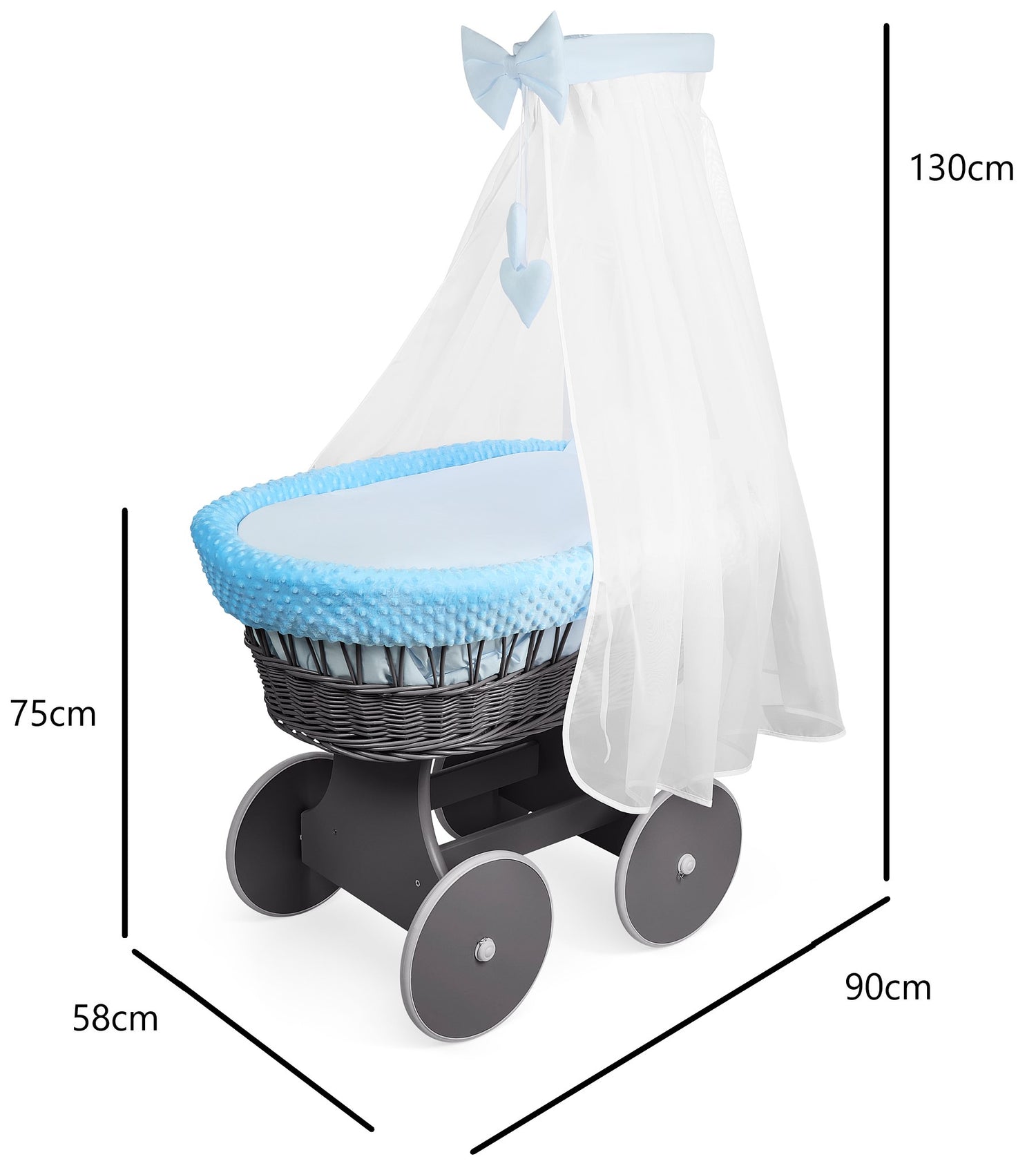 Wicker Grey Wheels Moses Basket Baby Blue