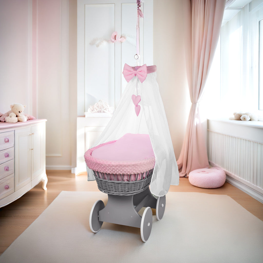 Grey Wicker Baby Moses Basket with Wheels Pink