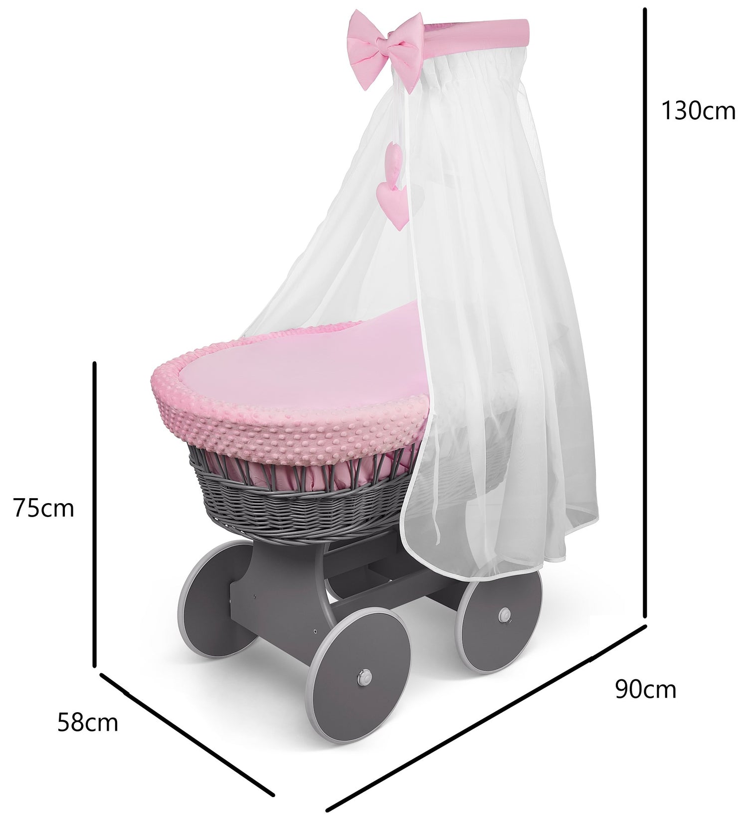 Grey Wicker Baby Moses Basket with Wheels Pink
