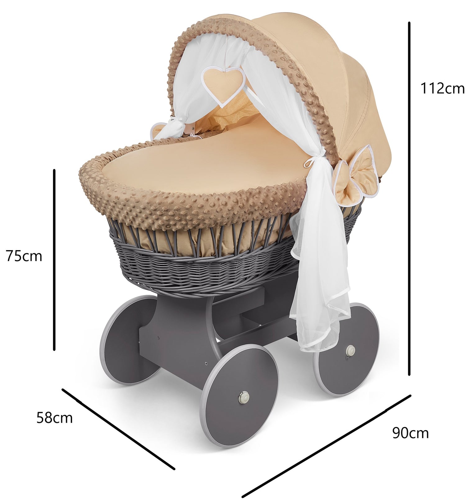 Luxury Grey Moses Basket Wheels Stand Beige Dimple Bedding