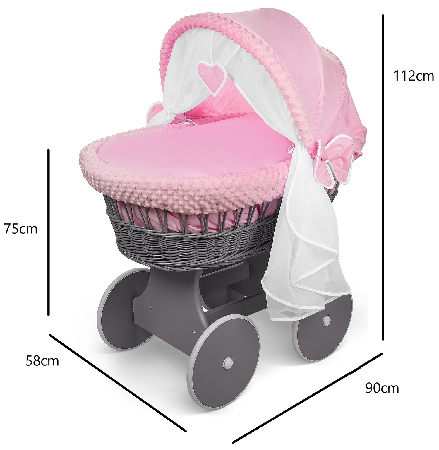 Luxury Moses Basket Grey + Wheels Stand + Full Bedding Dimple Pink with Hood - MyHappy Baby