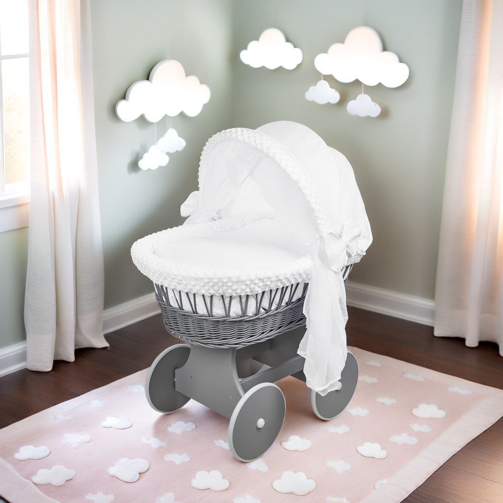 Luxury Moses Basket Grey + Wheels Stand + Full Bedding Dimple White with Hood - MyHappy Baby