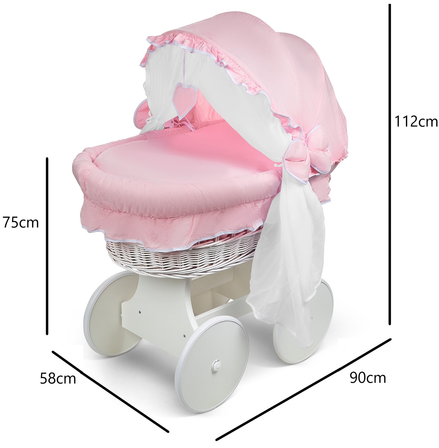 White Wicker Wheels Crib/Baby Moses Basket + Complete Bedding Pink/Cotton - MyHappy Baby
