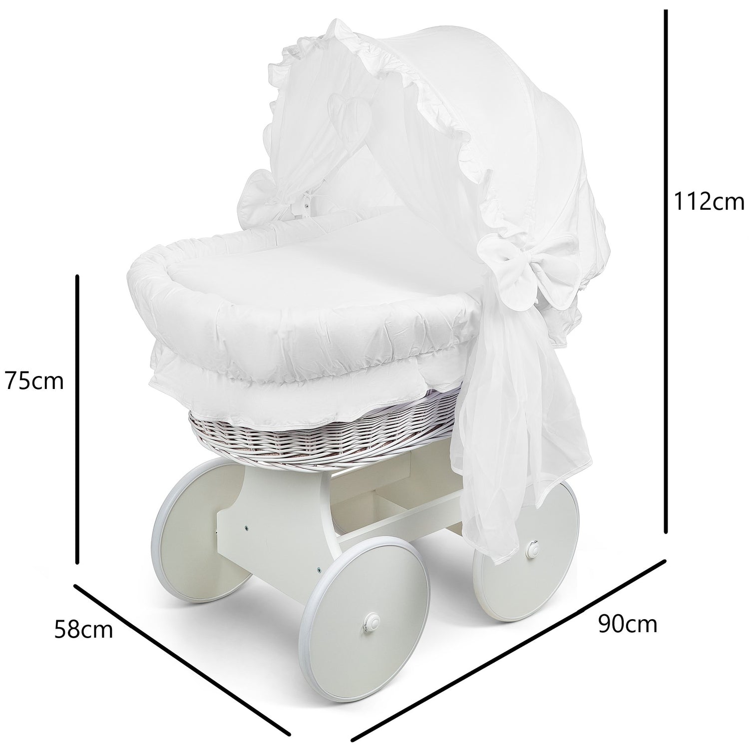 White Wicker Wheels Crib/Baby Moses Basket + Complete Bedding White/Cotton - MyHappy Baby