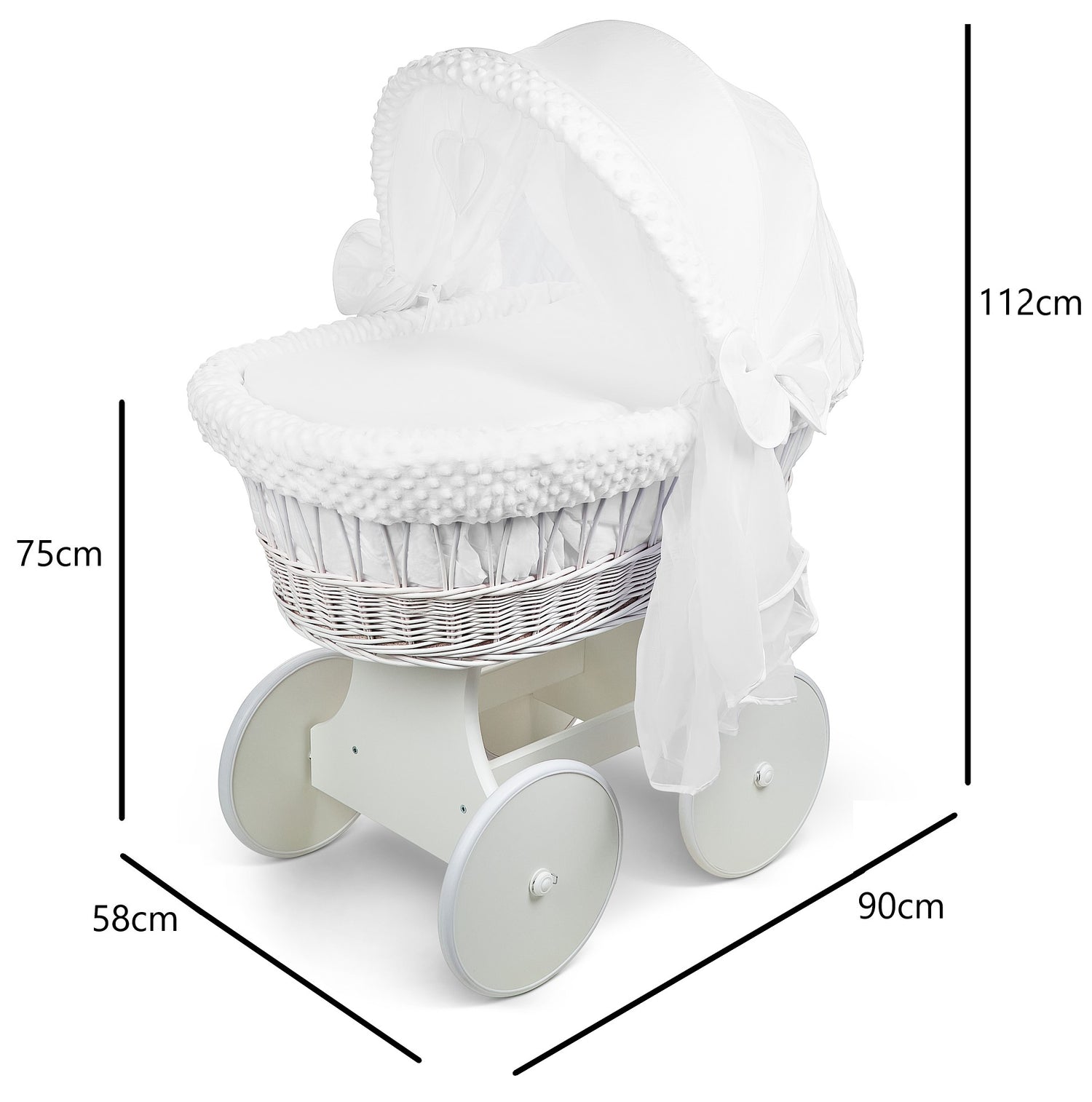White Wicker Wheels Crib/Baby Moses Basket + Complete Bedding White/Dimple - MyHappy Baby
