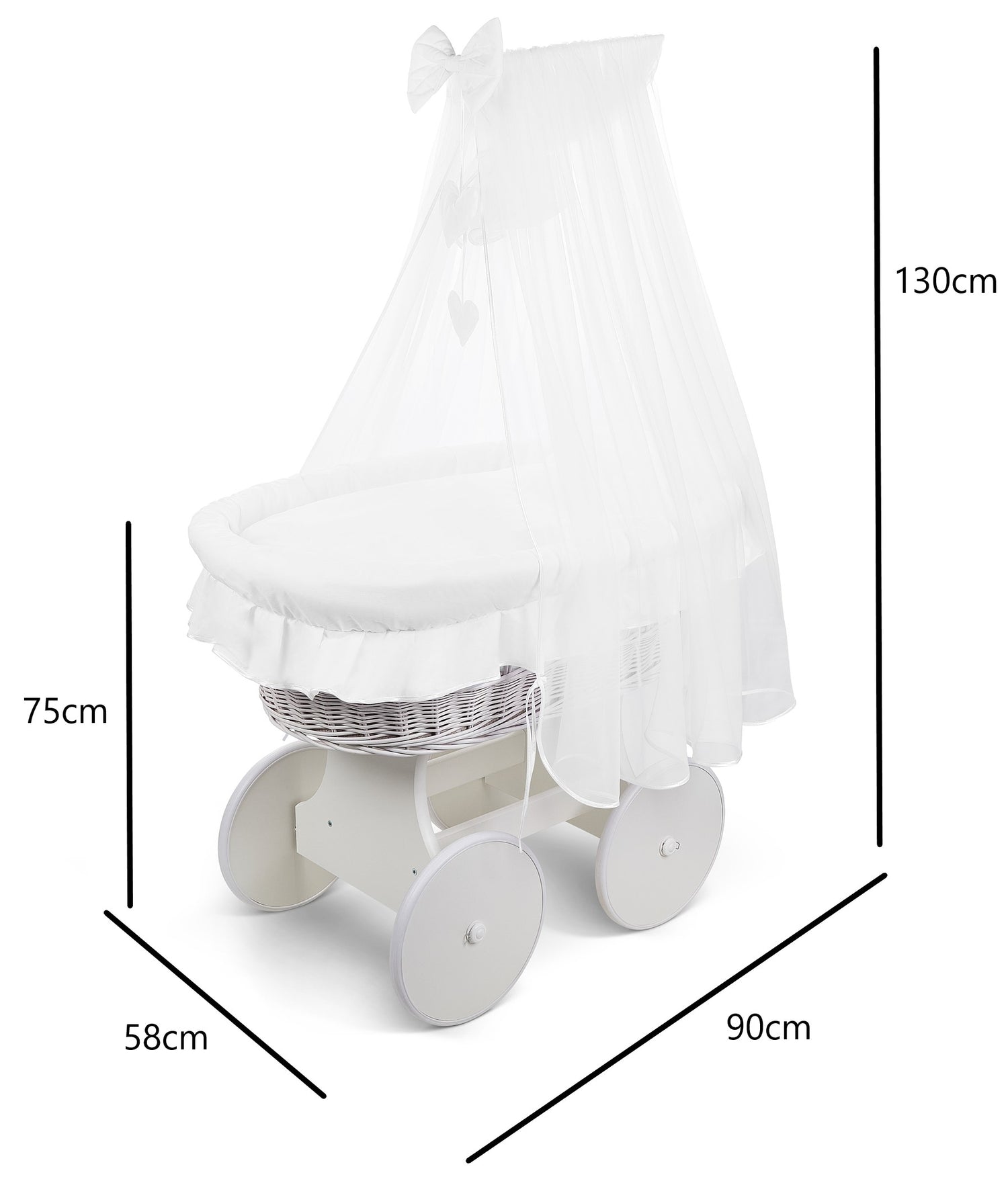 White Wicker Wheels Moses Basket +Full Bedding Set White Cotton