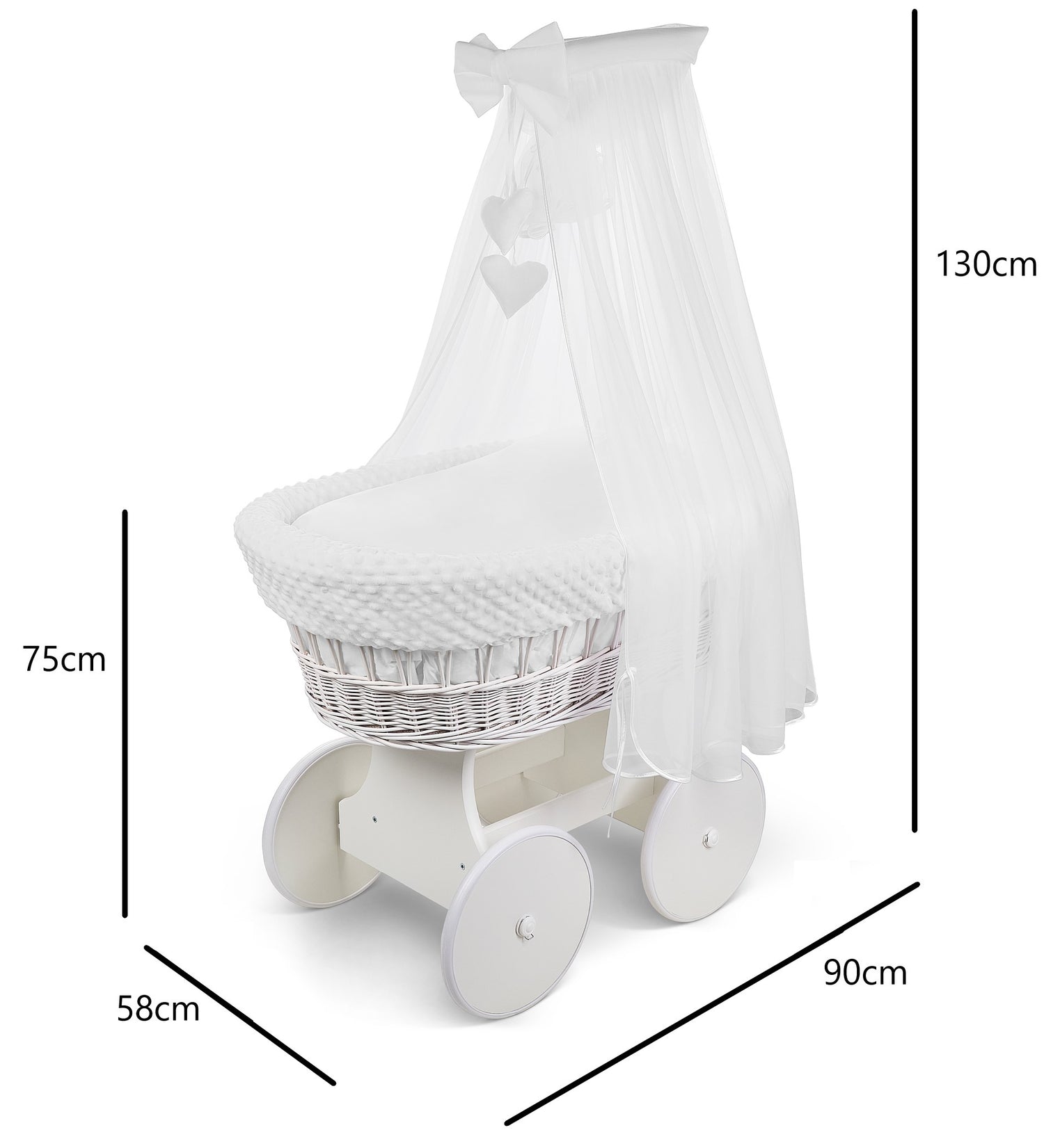 White Wicker Moses Basket with Wheels & White Dimple Bedding Set
