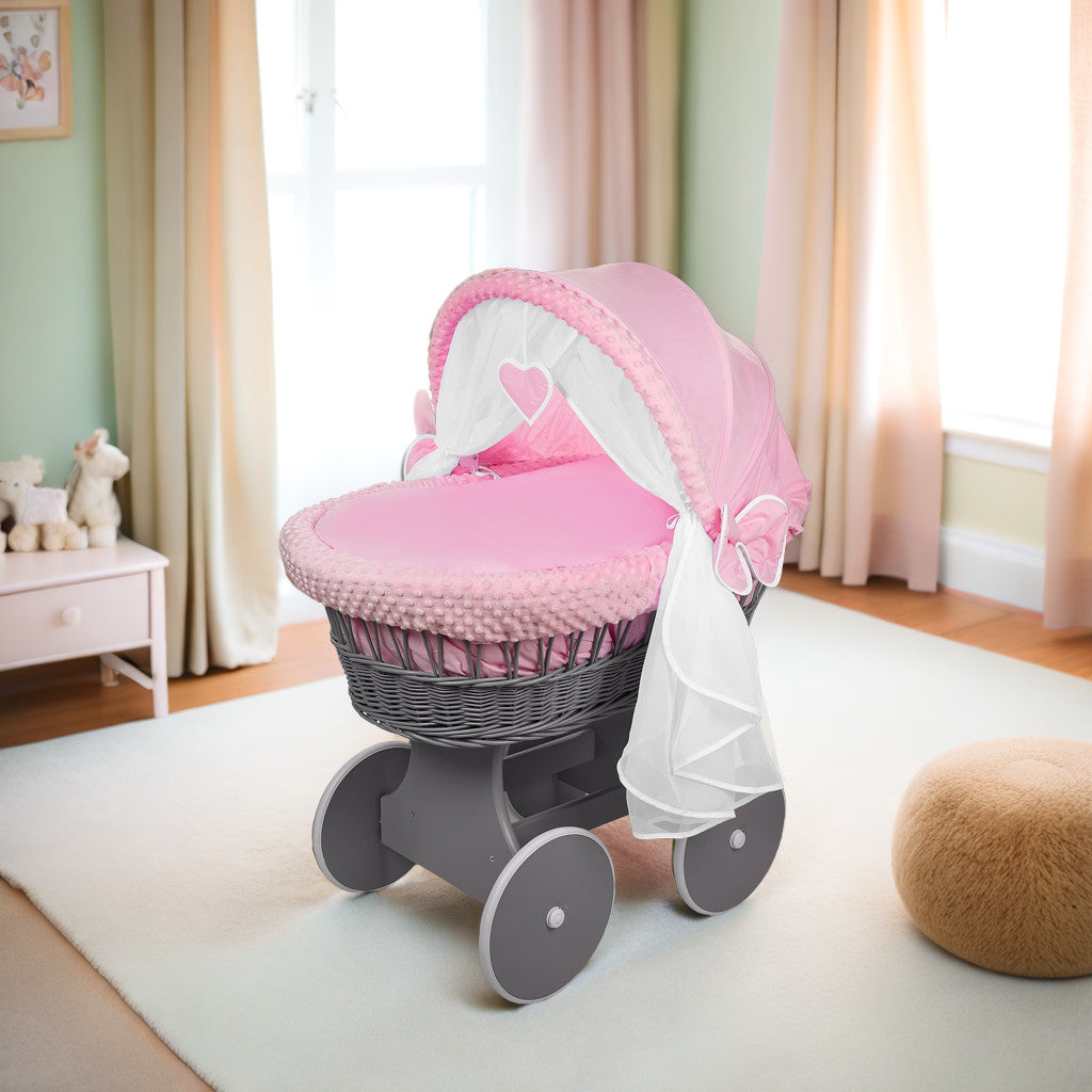 Luxury Moses Basket Grey + Wheels Stand + Full Bedding Dimple Pink with Hood - MyHappy Baby