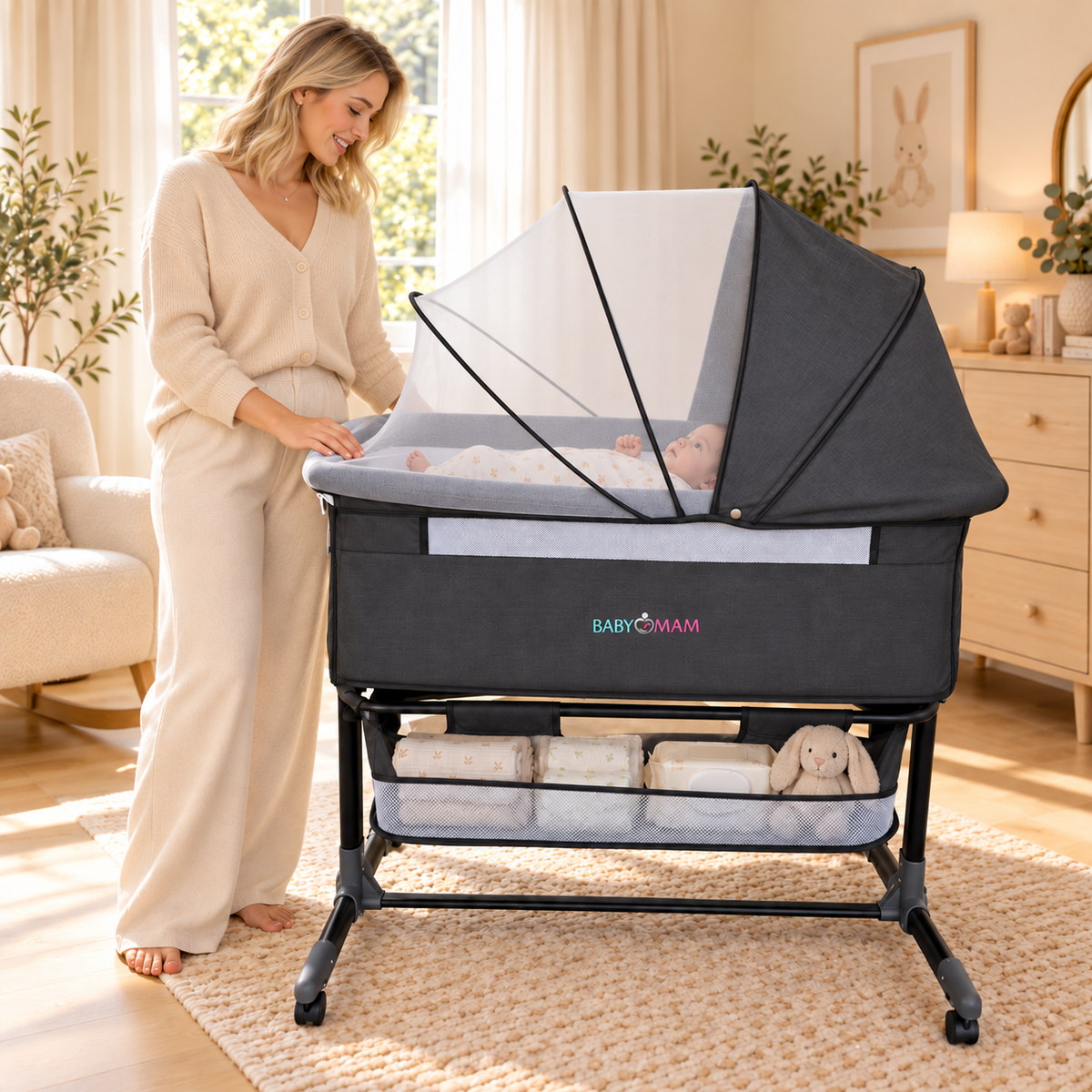 BABYMAM Milo Folding Bedside Crib with Mattress, Mosquito Net & Storage Basket – Grey