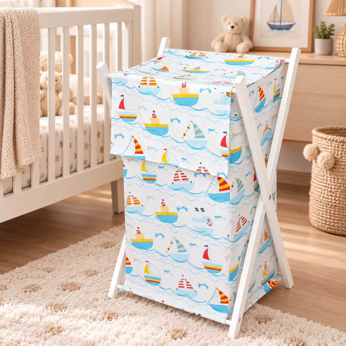 Laundry Basket with white wooden frame and storage removable linen BOATS