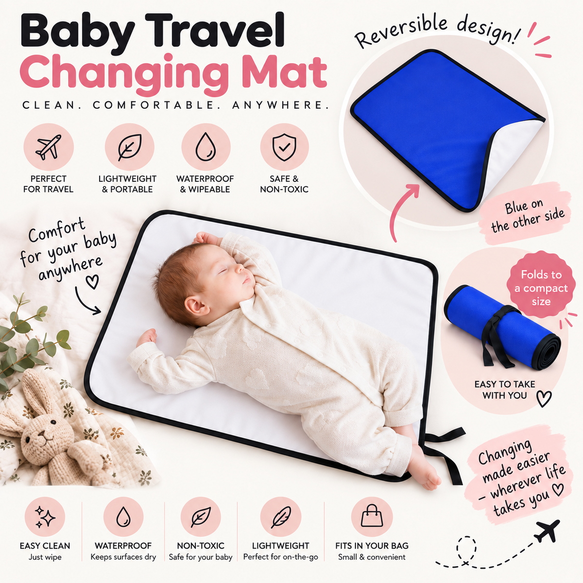 Portable Baby Changing Mat Waterproof, Reversible & Foldable Travel Nappy Changing Pad (Blue)