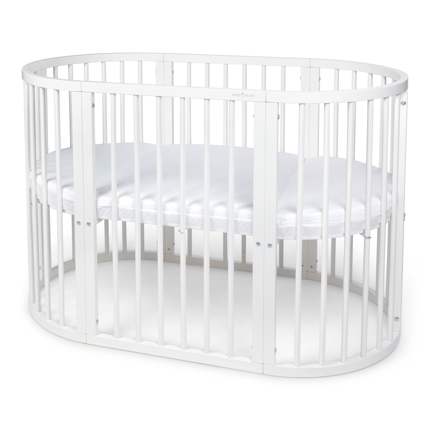 BABYMAM Snoa Oval Baby Cot – White Convertible Crib with Mattress
