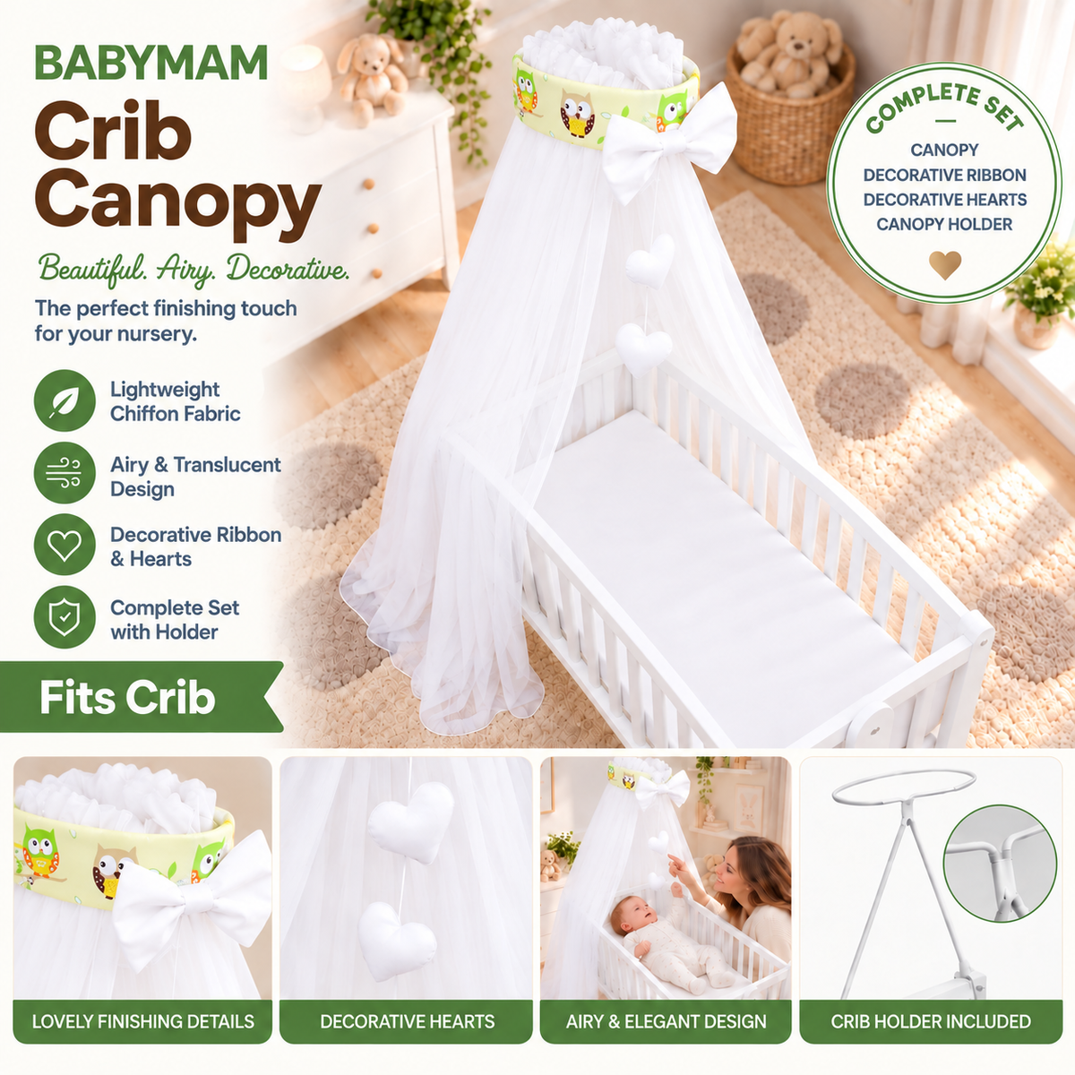 Baby Crib Canopy Mosquito Net with Holder, Decorative Bow & Hanging Hearts – Owls yellow