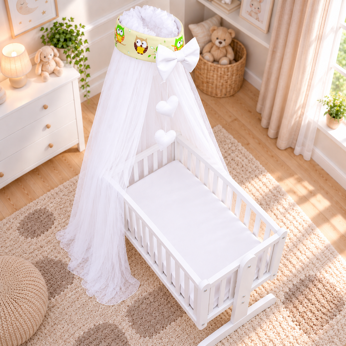 Baby Crib Canopy Mosquito Net with Holder, Decorative Bow & Hanging Hearts – Owls yellow