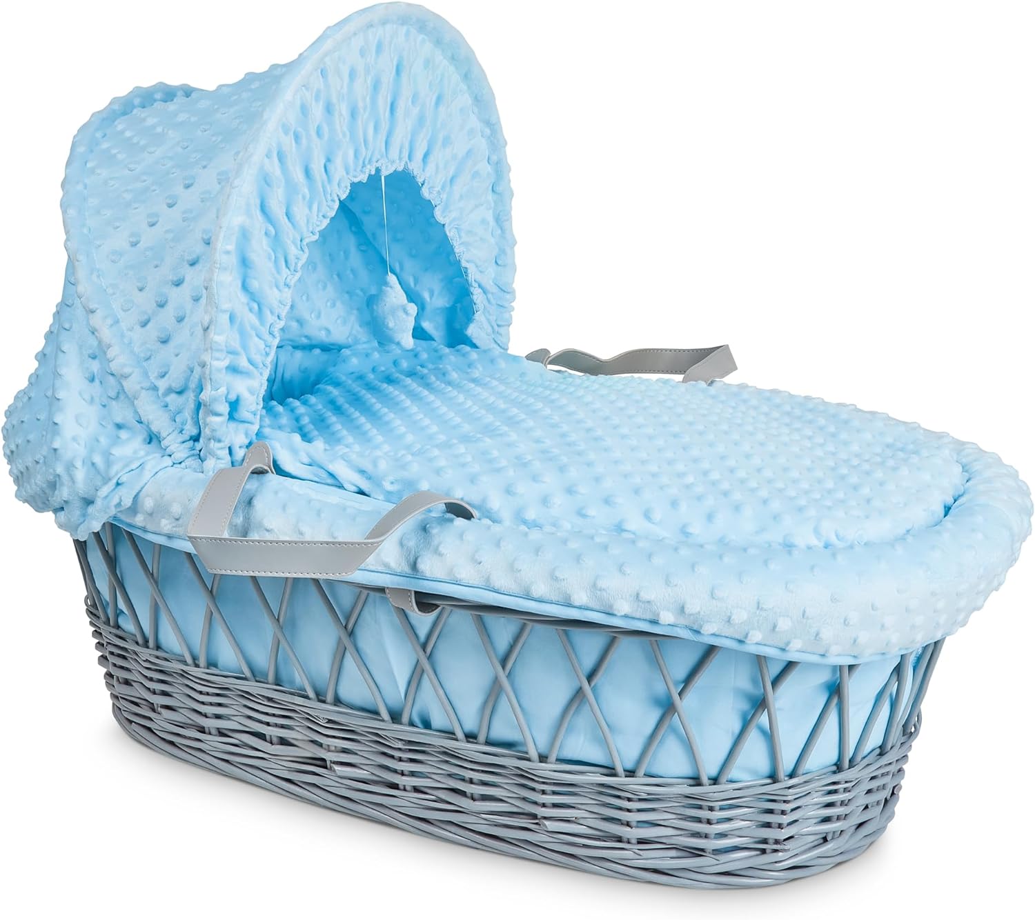 Luxury Moses Basket Padded Wicker Baby Full Set Rocking Stand Grey Handle/Blue