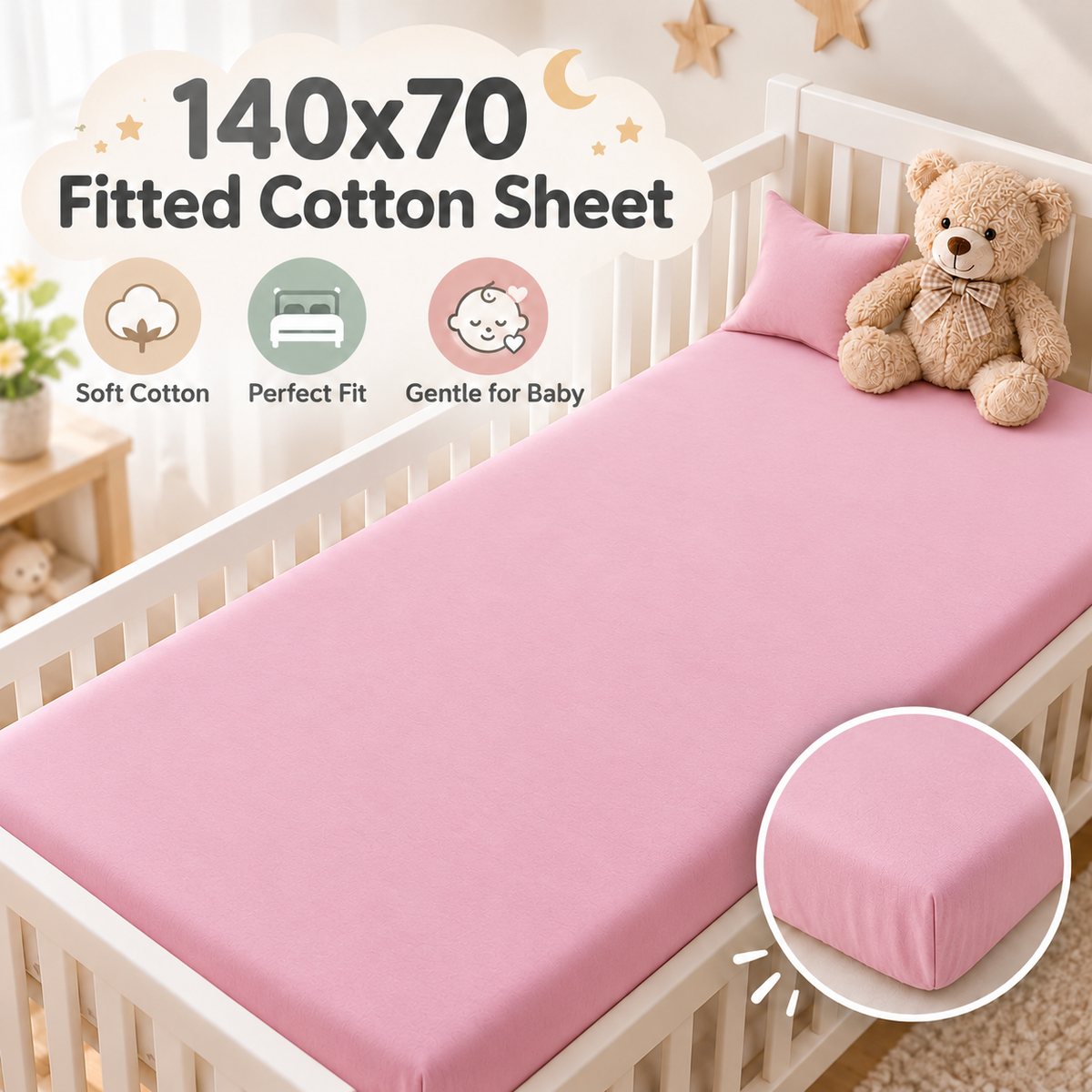 100% cotton fitted sheet for cot bed 140x70cm nursery baby soft plain style Pink