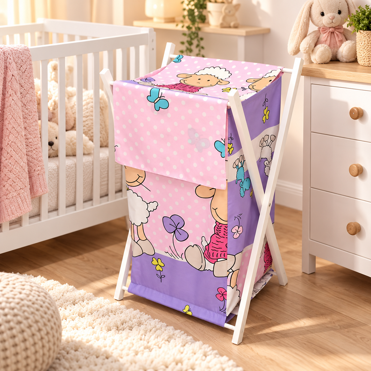 Laundry Basket with white wooden frame and storage removable linen SHEEP PINK