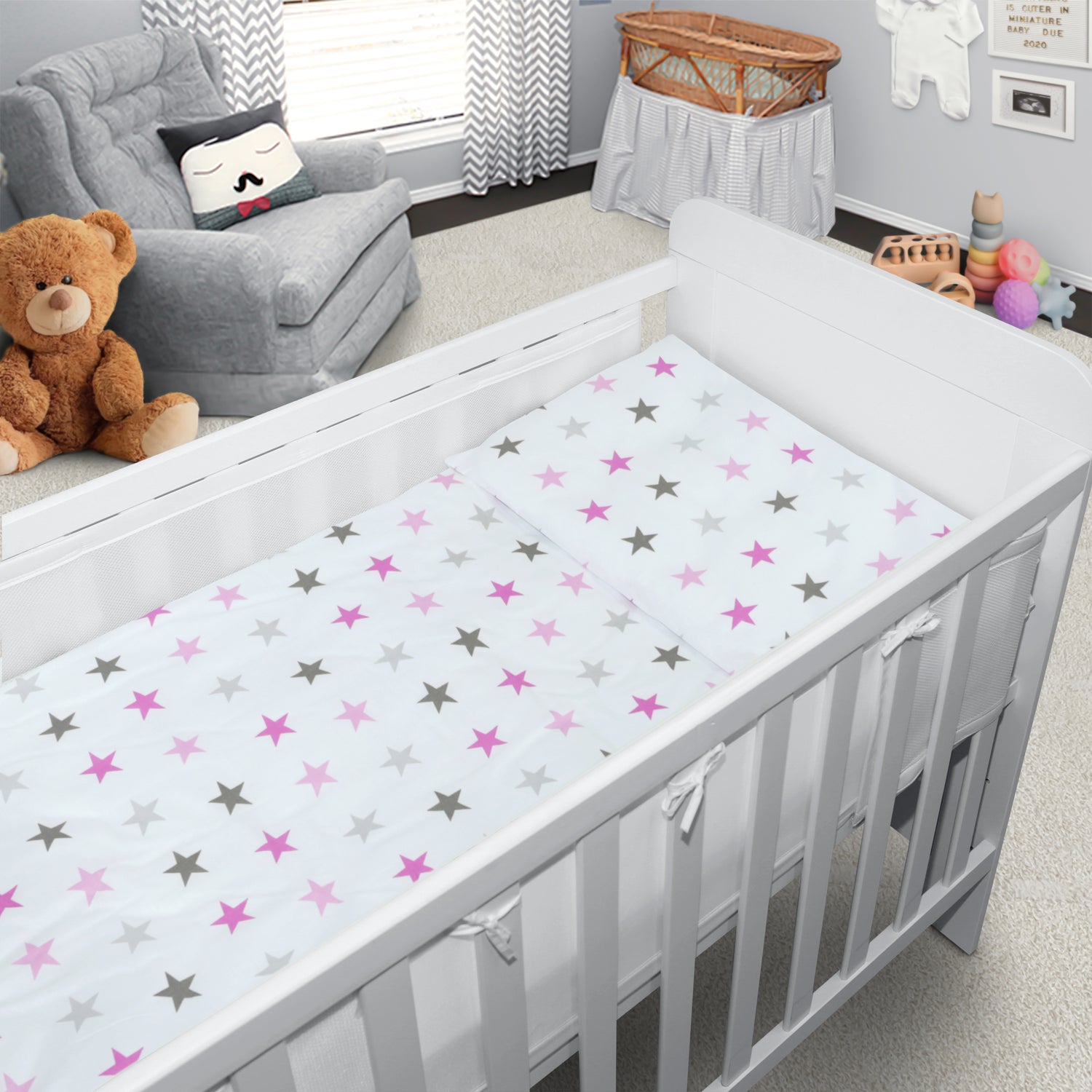 Baby Cot Bedding Set 6Pc Fit Cot bed 140x70cm Pink Grey Stars