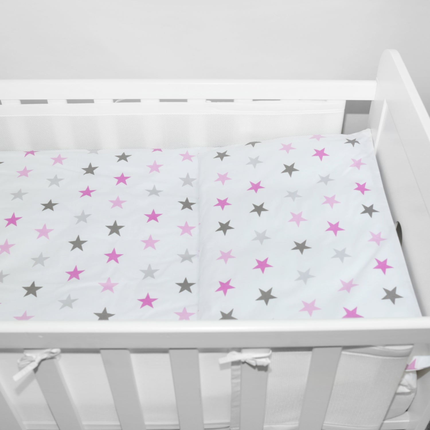 Baby Cot Bedding Set 6Pc Fit Cot bed 140x70cm Pink Grey Stars