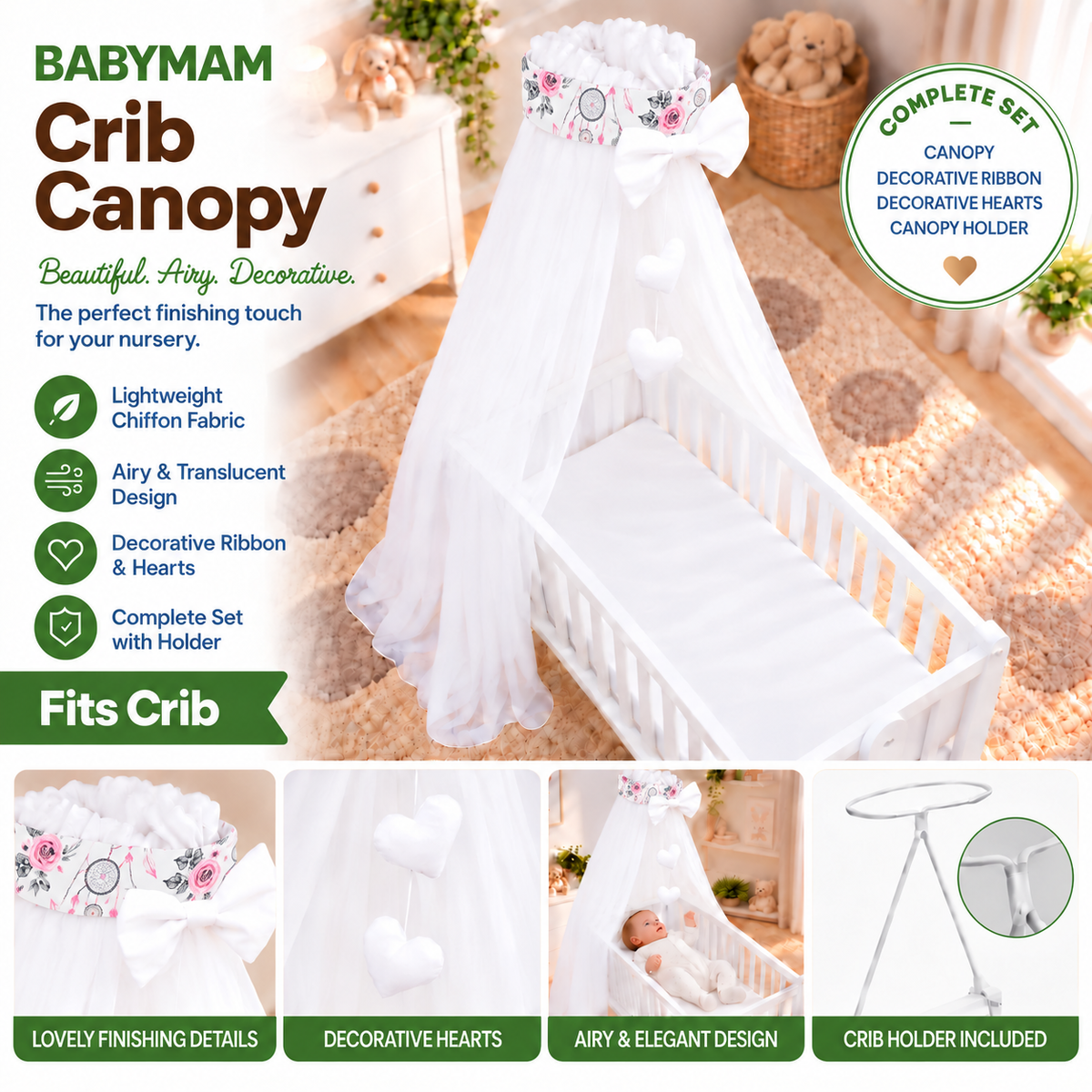 Baby Crib Canopy Mosquito Net with Holder, Decorative Bow & Hanging Hearts – Dream Catcher
