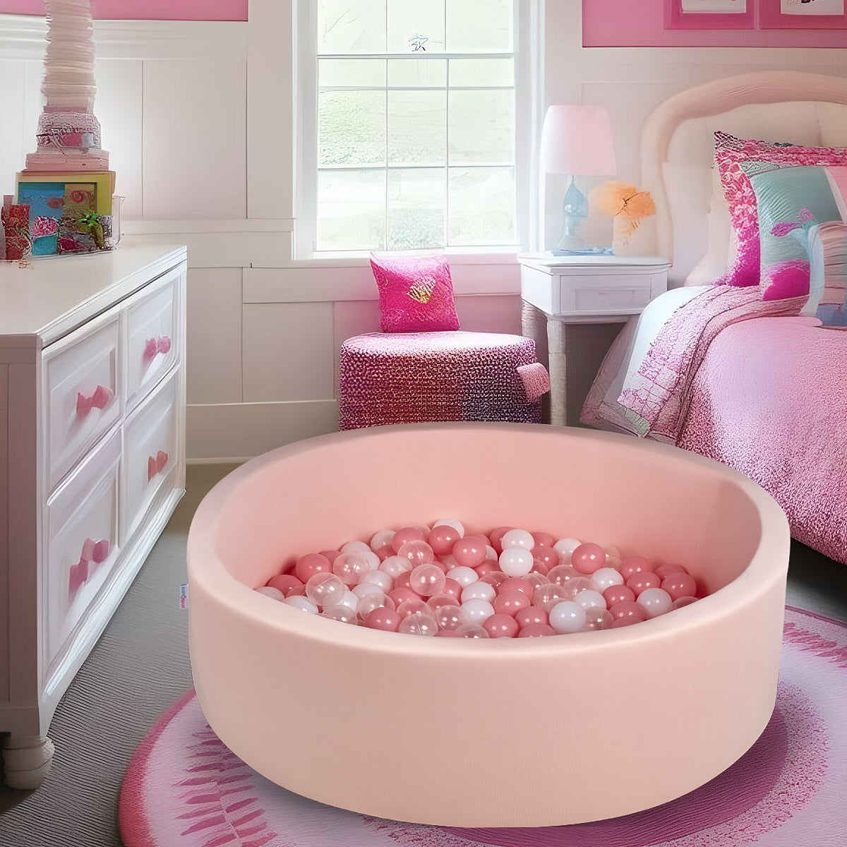 Pool Ball Pit with 200 Balls Soft Foam Toddler Baby Kids Girls Boys Play Round Pool Playpen Removable Cover - Pink